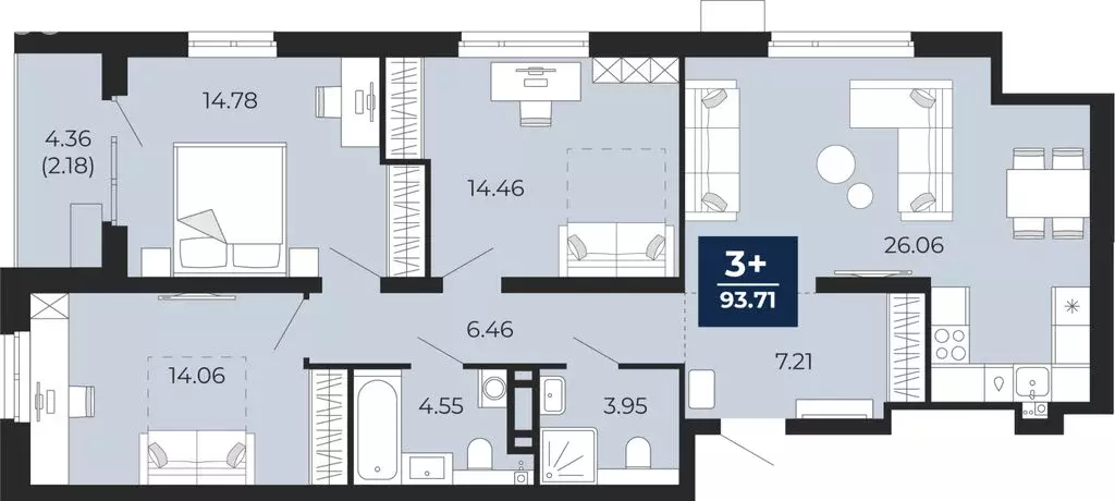 3-комнатная квартира: Тюмень, Арктическая улица, 16 (95.89 м) - Фото 1