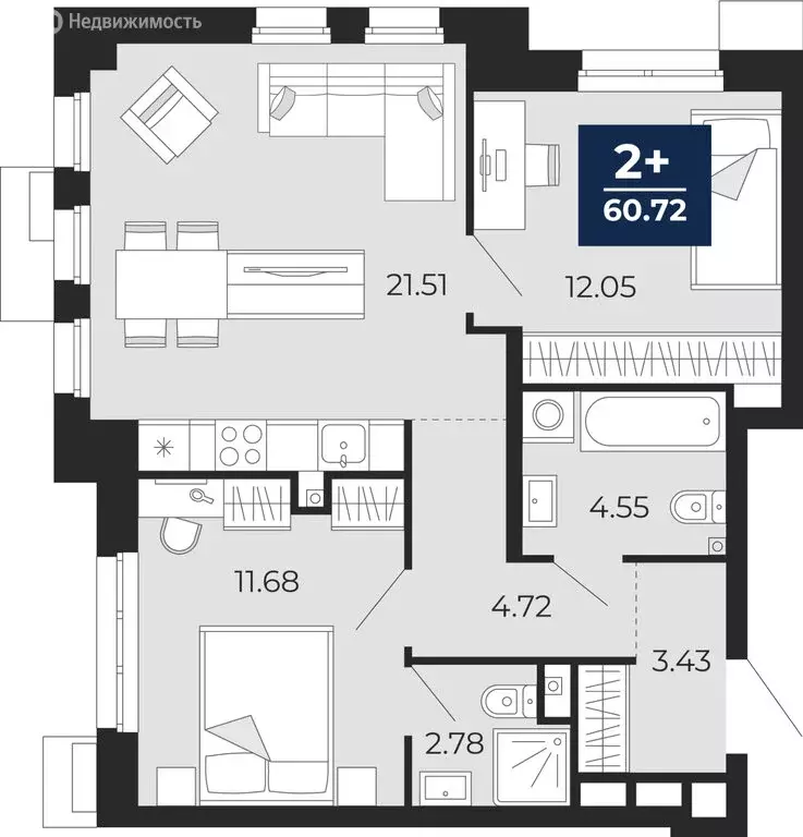 2-комнатная квартира: Тюмень, ЖК Айвазовский Сити (60.72 м) - Фото 1