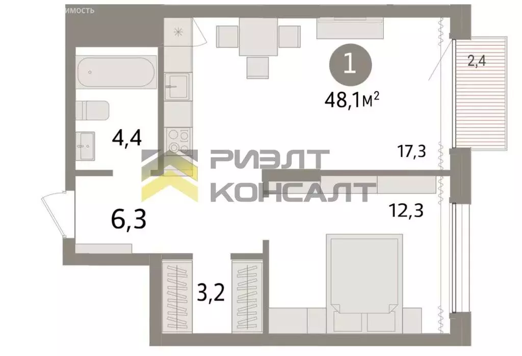 1-комнатная квартира: Омск, жилой комплекс Кварталы Драверта (48.1 м) - Фото 1