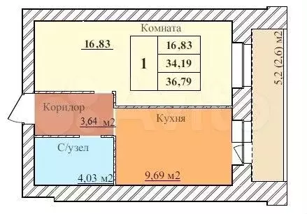 1-к. квартира, 36,8 м, 1/5 эт. - Фото 0