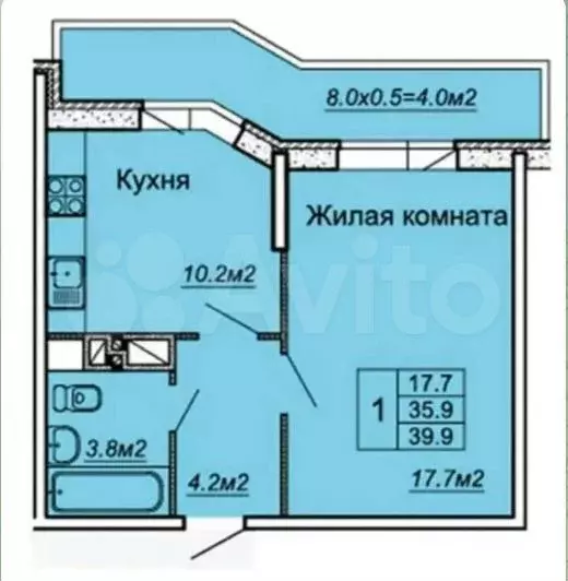 1-к. квартира, 38,7 м, 3/7 эт. - Фото 1