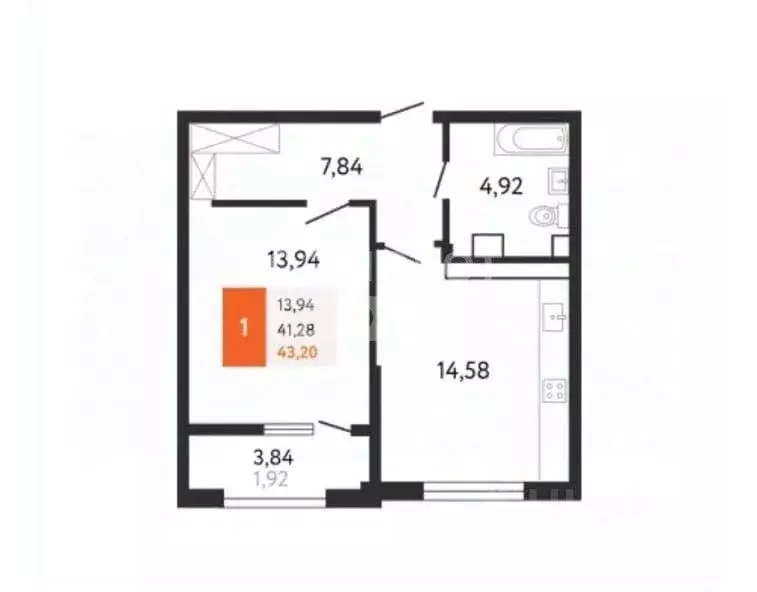 Квартира, 1 комната, 43.2 м - Фото 1