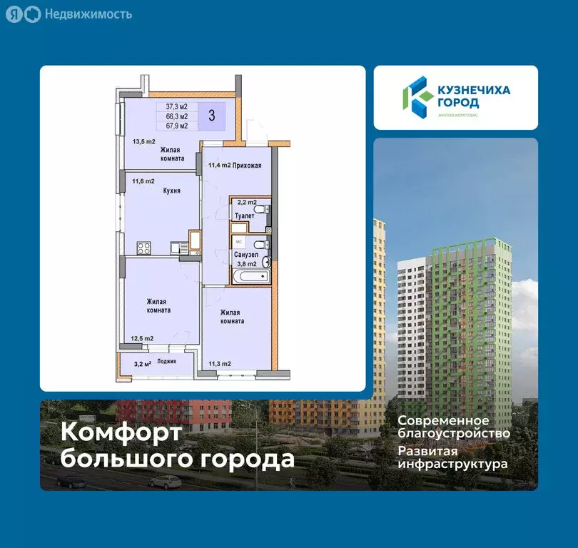 3-комнатная квартира: Нижний Новгород, ЖК Кузнечиха Город, 4 (67.9 м) - Фото 1