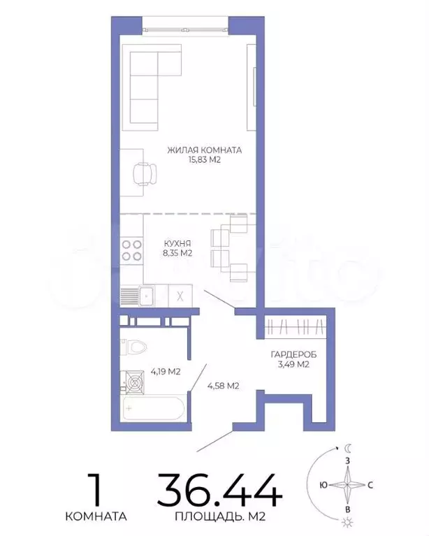 Квартира-студия, 36,4 м, 2/18 эт. - Фото 1