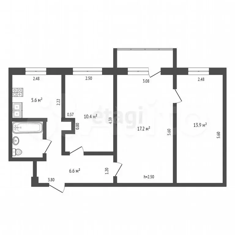 3-к. квартира, 56,5 м, 4/5 эт. - Фото 0