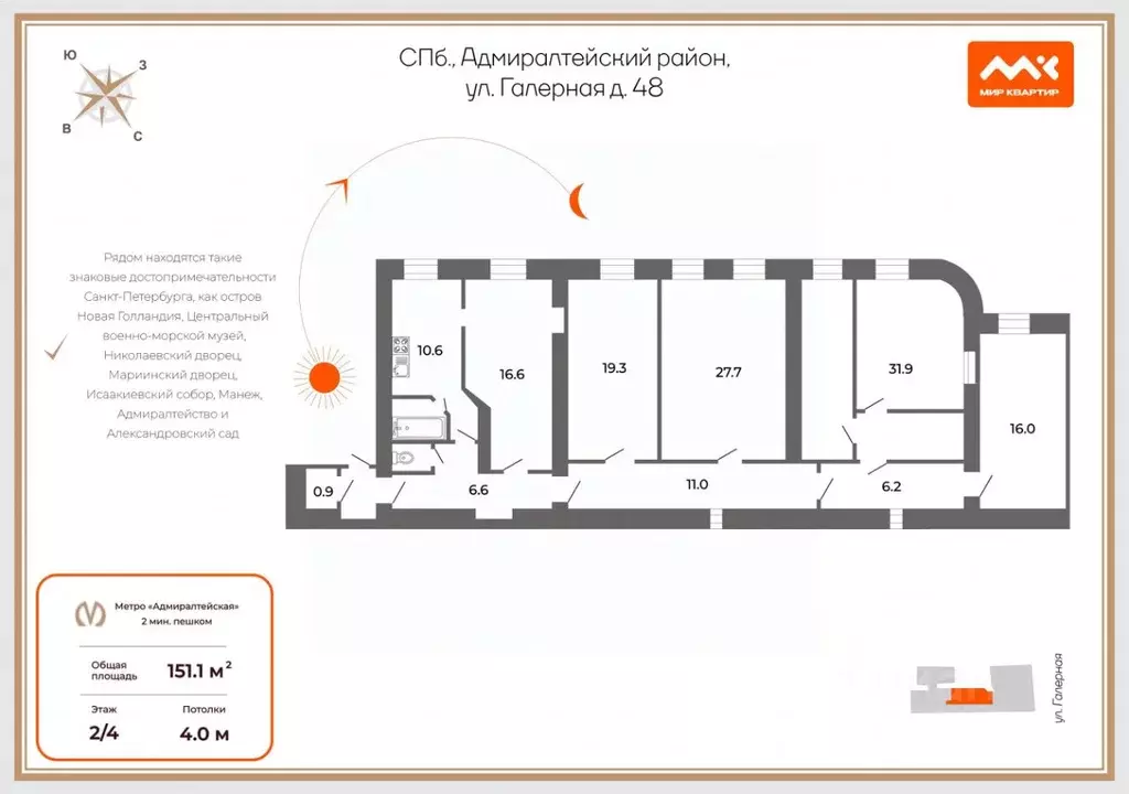 5-к кв. Санкт-Петербург Галерная ул., 48 (151.0 м) - Фото 2