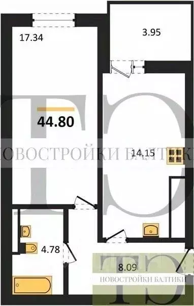 1-к кв. Калининградская область, Гурьевский муниципальный округ, пос. ... - Фото 0
