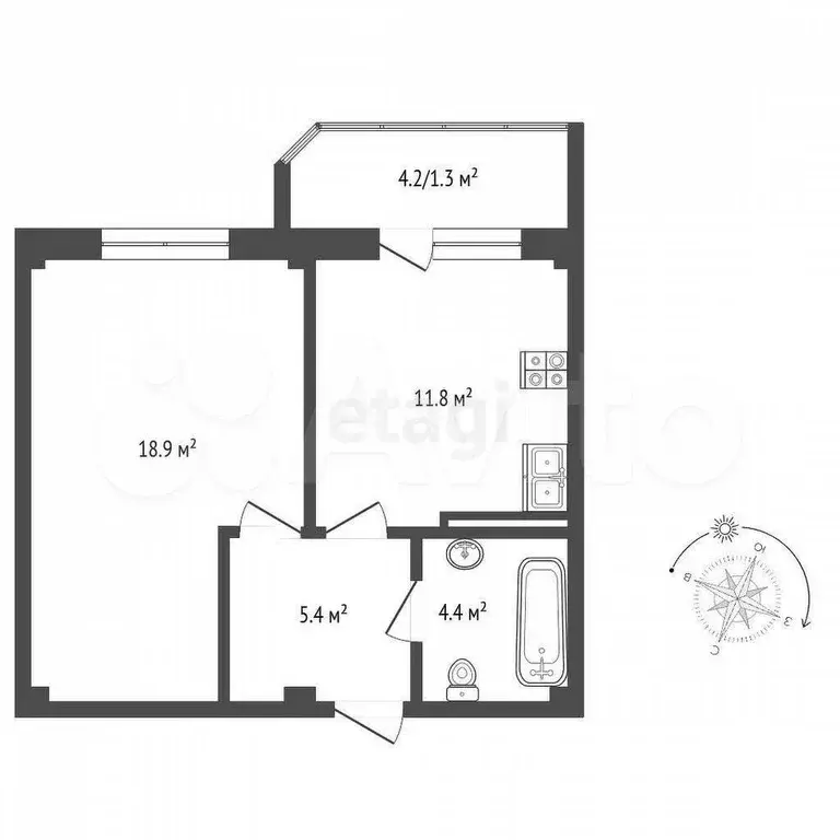 1-к. квартира, 44,7 м, 8/9 эт. - Фото 1