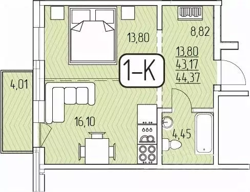 1-к кв. Бурятия, Улан-Удэ 105-й мкр,  (44.37 м) - Фото 1