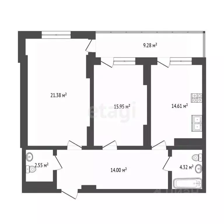 2-к кв. Тюменская область, Тюмень ул. Малыгина, 90 (82.2 м) - Фото 2