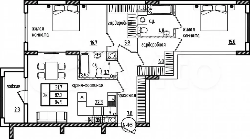 2-к. квартира, 88,6м, 6/9эт. - Фото 0