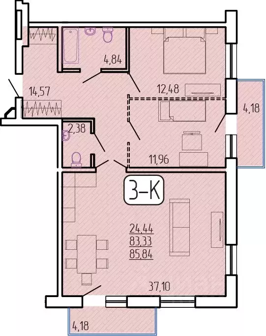 3-к кв. Бурятия, Улан-Удэ 140А мкр,  (85.84 м) - Фото 1