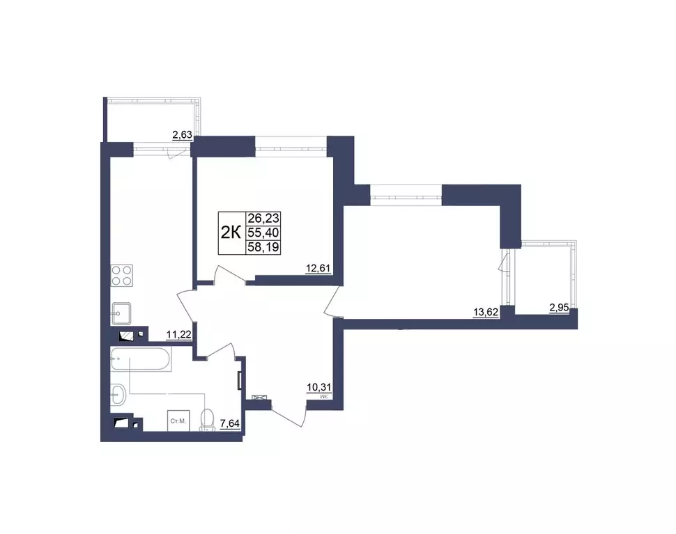2-к квартира, 55.81 м - Фото 0