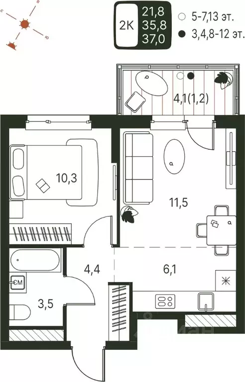 Студия Пермский край, Пермь ул. Серебристая, 1 (37.0 м) - Фото 1