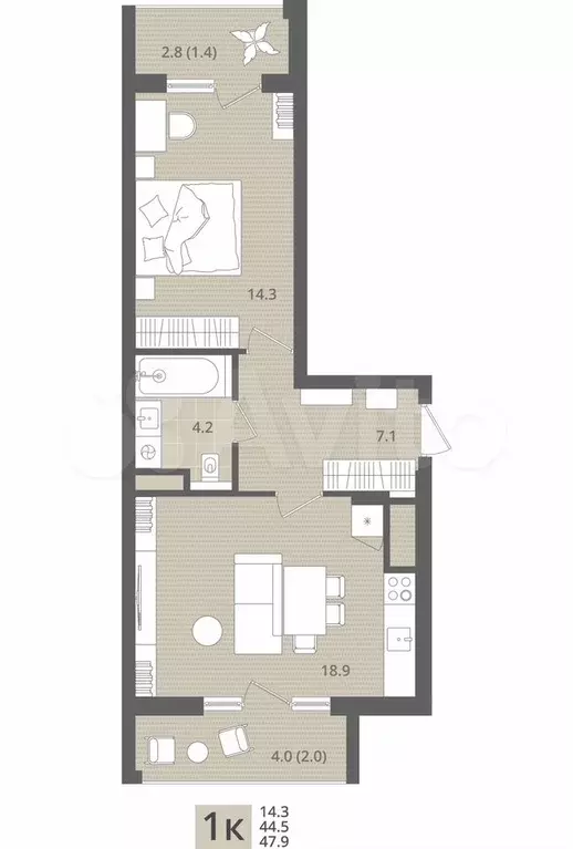 1-к. квартира, 47,9 м, 2/7 эт. - Фото 1