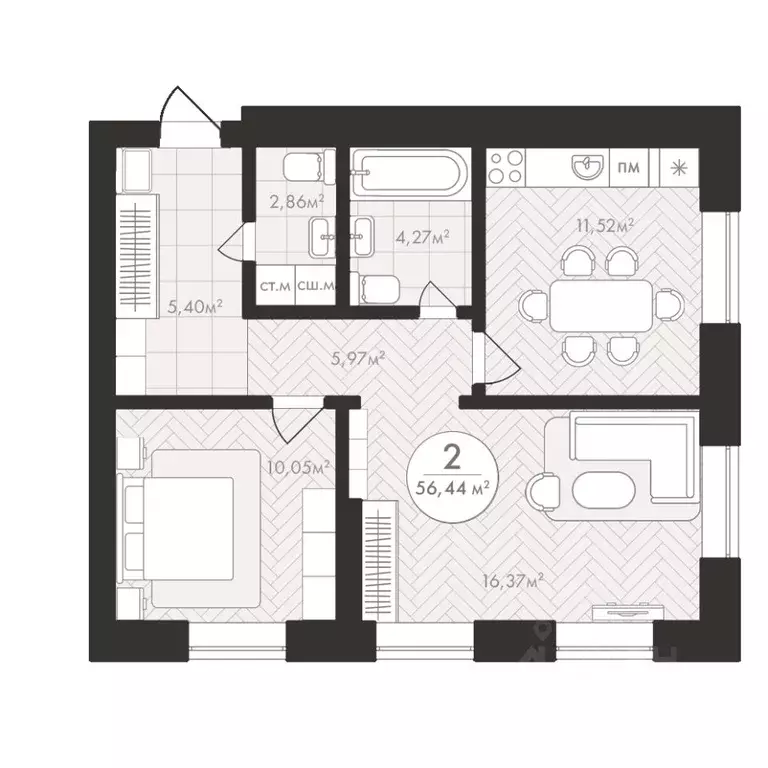 2-к кв. Башкортостан, Уфа Южный-2 мкр,  (56.44 м) - Фото 1