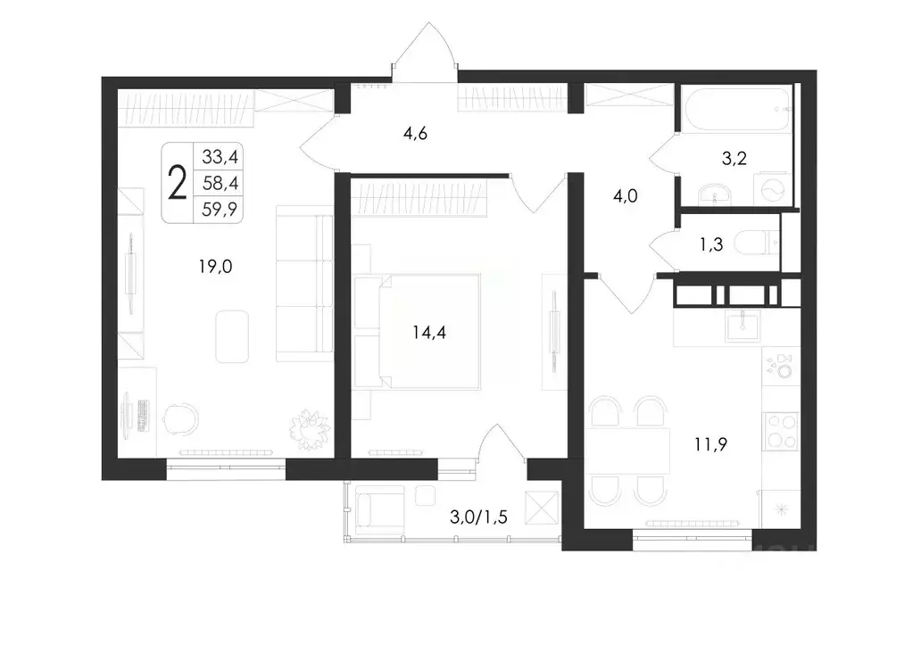 2-к кв. Воронежская область, Воронеж ул. Шишкова, 140Б/21 (59.9 м) - Фото 0