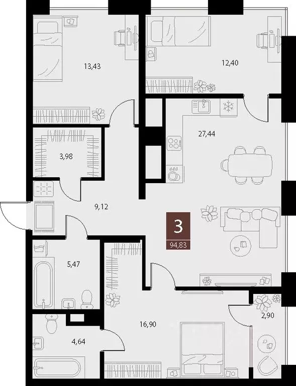 3-к кв. Рязанская область, Рязань ул. Бирюзова, 20с1 (94.83 м) - Фото 1