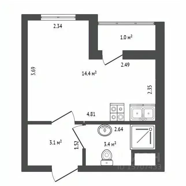 Студия Санкт-Петербург дор. Муринская, 12к2 (21.0 м) - Фото 2