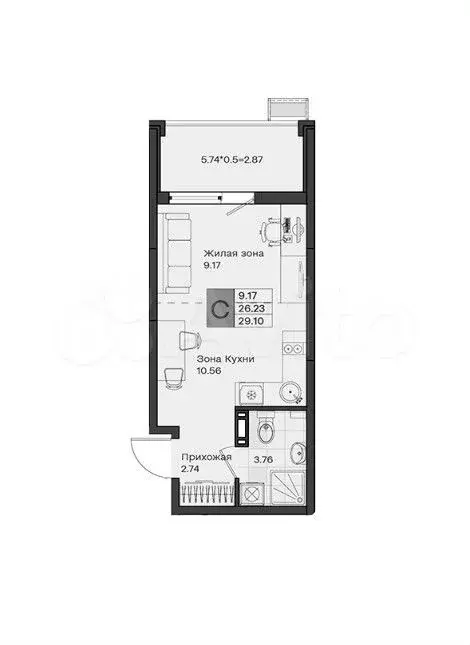 Квартира-студия, 29,1 м, 3/8 эт. - Фото 1