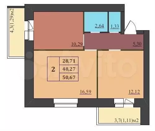 2-к. квартира, 50,7 м, 7/9 эт. - Фото 0