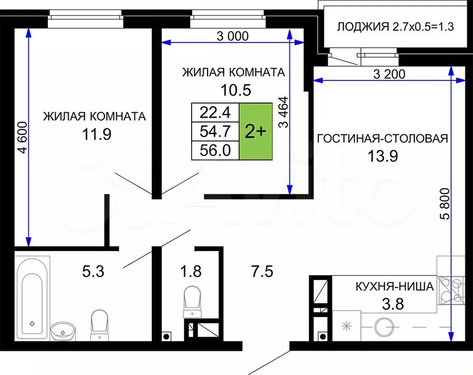 2-к. квартира, 56м, 7/16эт. - Фото 0