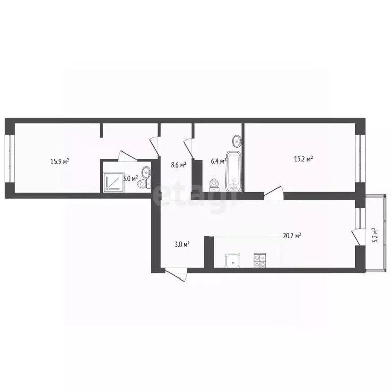 2-к кв. Тюменская область, Тюмень Причальная ул., 7 (75.93 м) - Фото 1