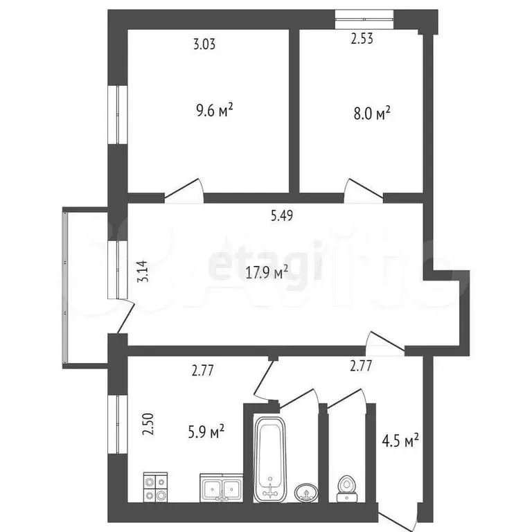 3-к. квартира, 49,2 м, 5/5 эт. - Фото 0