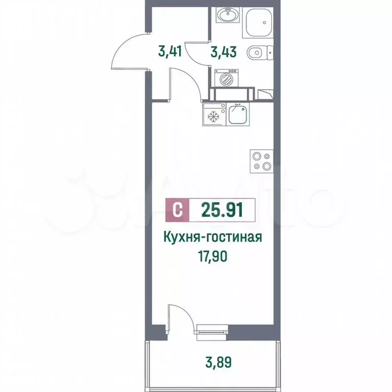 Квартира-студия, 25,9м, 4/16эт. - Фото 0