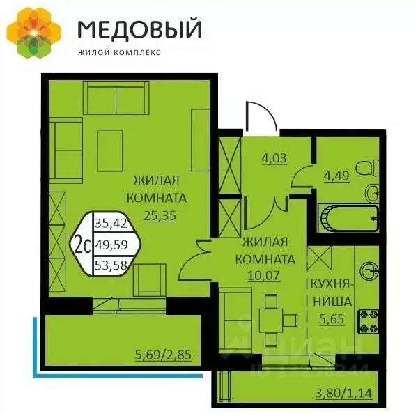 2-к кв. Пермский край, д. Кондратово ул. Г.Н. Нифантова, 12 (53.58 м) - Фото 0