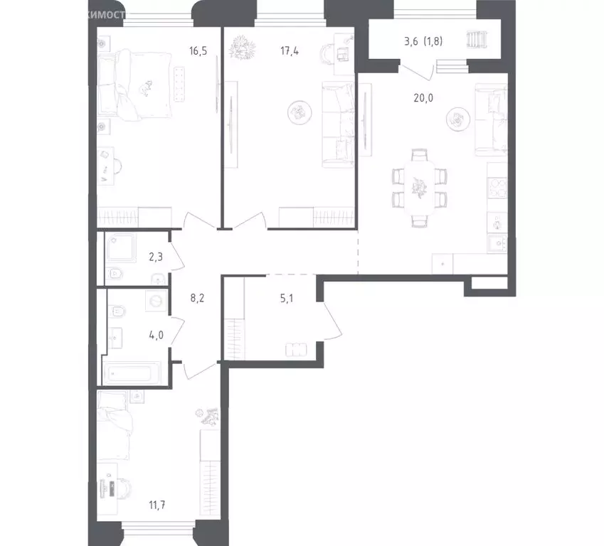 3-комнатная квартира: посёлок городского типа Заречье, Луговая улица, ... - Фото 1