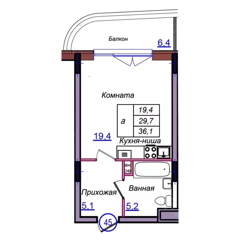 Студия Калининградская область, Светлогорск Балтийская ул. (36.1 м) - Фото 1