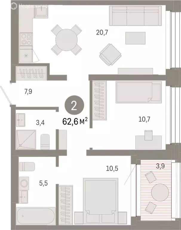 2-комнатная квартира: Тюмень, улица Муравленко, 9/2 (62.64 м) - Фото 1