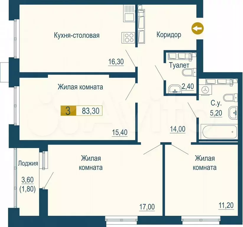 3-к. квартира, 83,3 м, 8/25 эт. - Фото 0