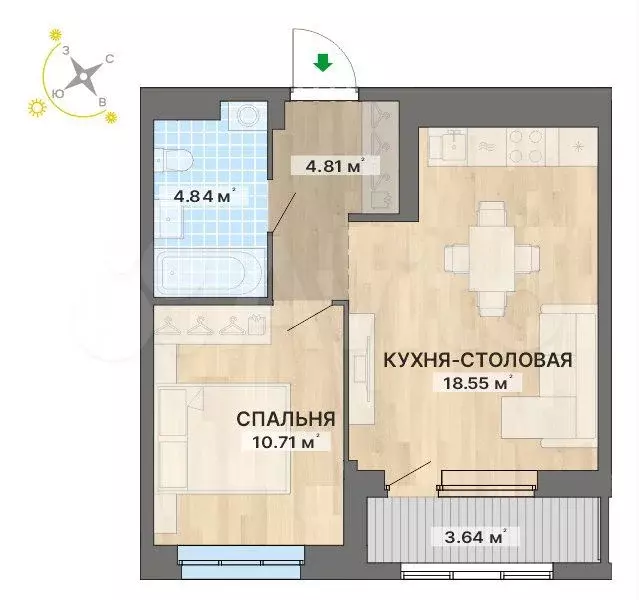 1-к. квартира, 42,6 м, 3/15 эт. - Фото 0
