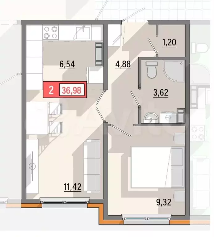 2-к. квартира, 36,7 м, 4/8 эт. - Фото 0