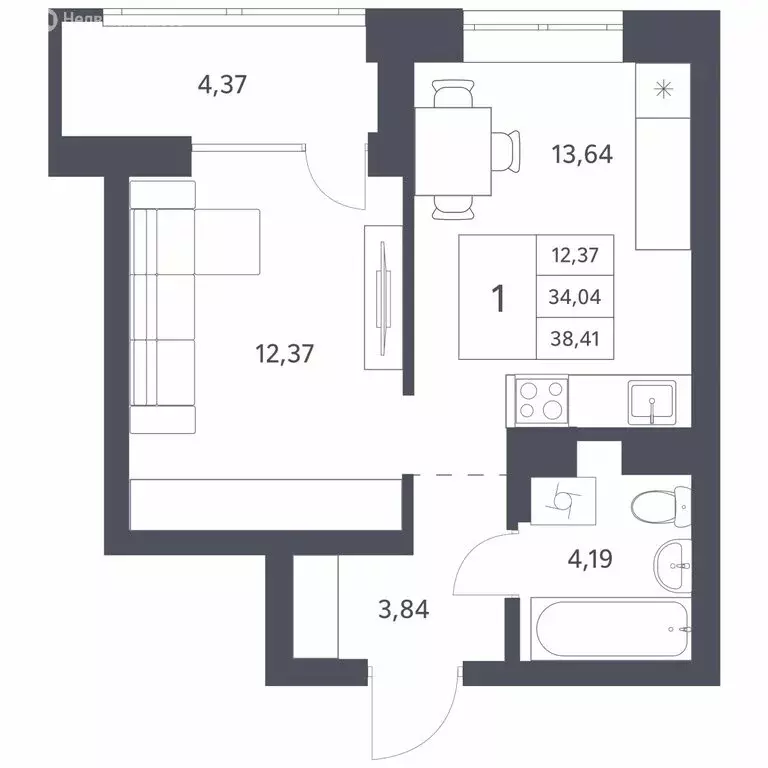 1-комнатная квартира: Новосибирск, улица Тюленина, 3 (34.04 м) - Фото 0