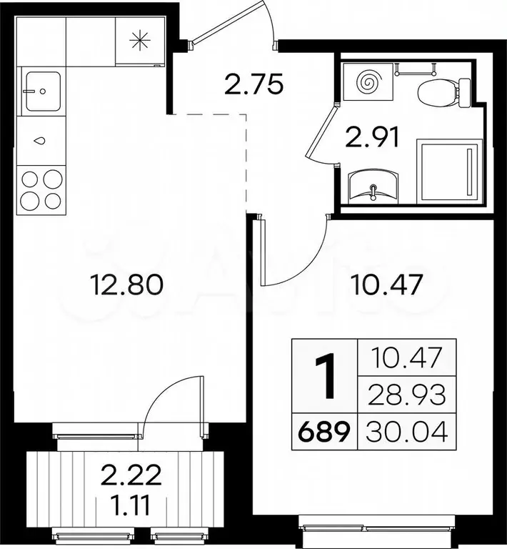 1-к. квартира, 30 м, 7/9 эт. - Фото 0
