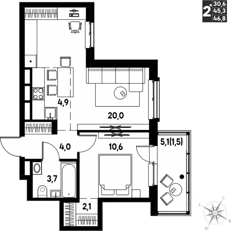 Студия Пермский край, д. Кондратово просп. Дягилева, 2 (46.8 м) - Фото 1