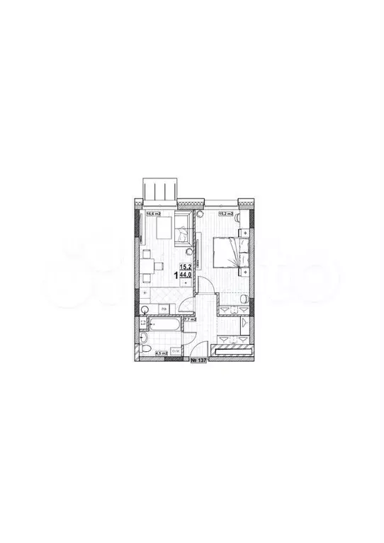 1-к. квартира, 44 м, 2/24 эт. - Фото 1