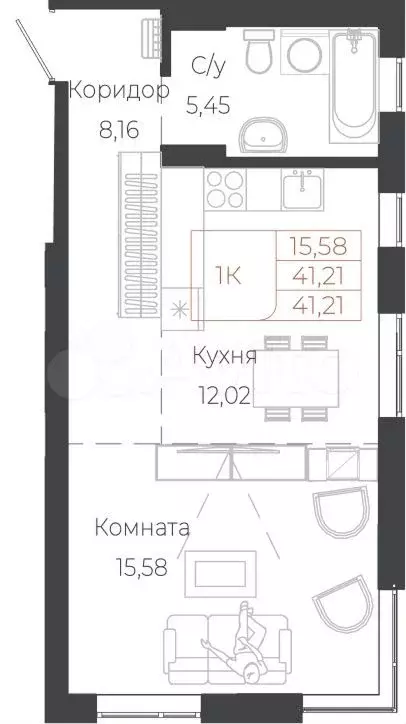 1-к. квартира, 41,2 м, 2/6 эт. - Фото 1