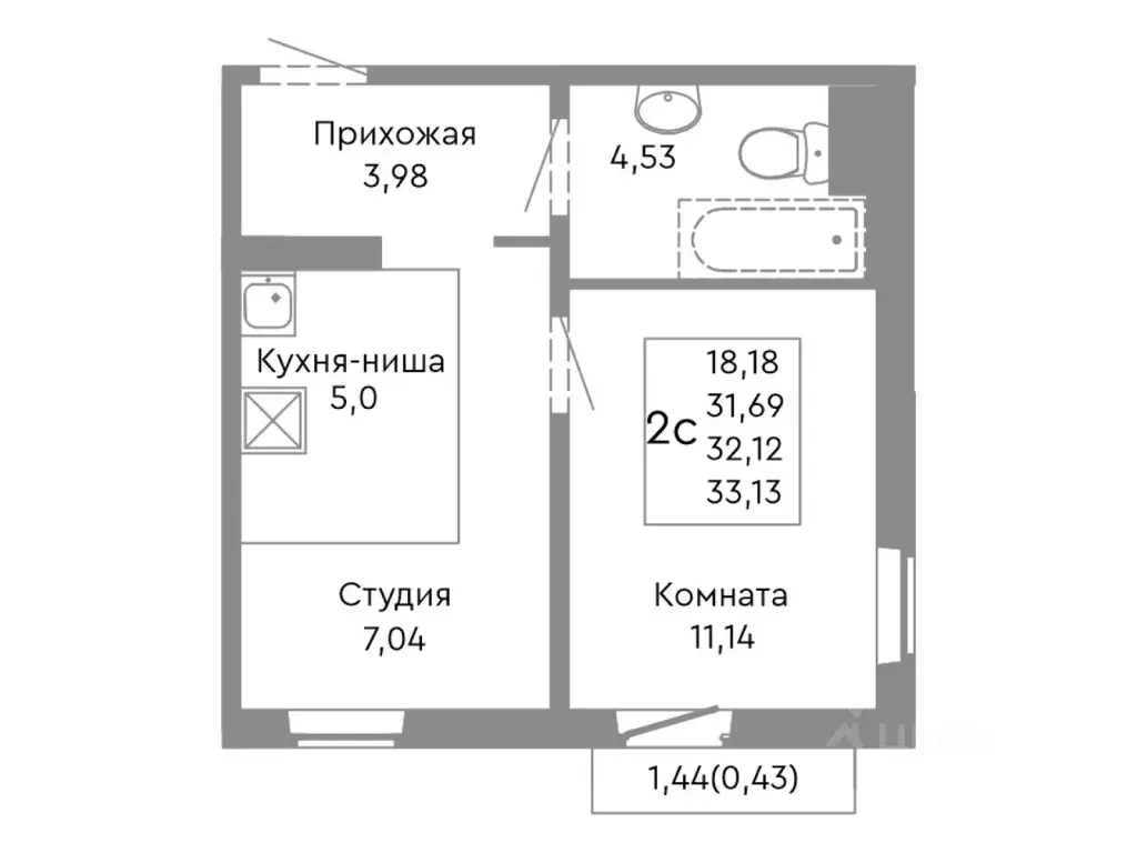2-к кв. Челябинская область, Челябинск ул. Танкистов, 175 (32.12 м) - Фото 1