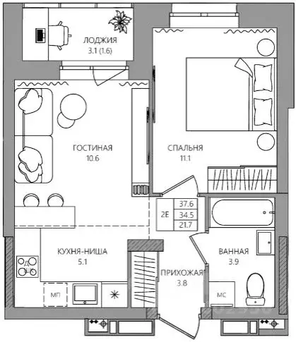 2-к кв. Пермский край, д. Кондратово ул. Водопроводная, 5 (36.1 м) - Фото 1