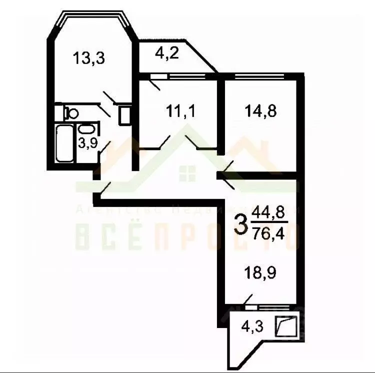 3-к кв. Москва, Москва, Московский г. ул. Солнечная, 15 (76.0 м) - Фото 2