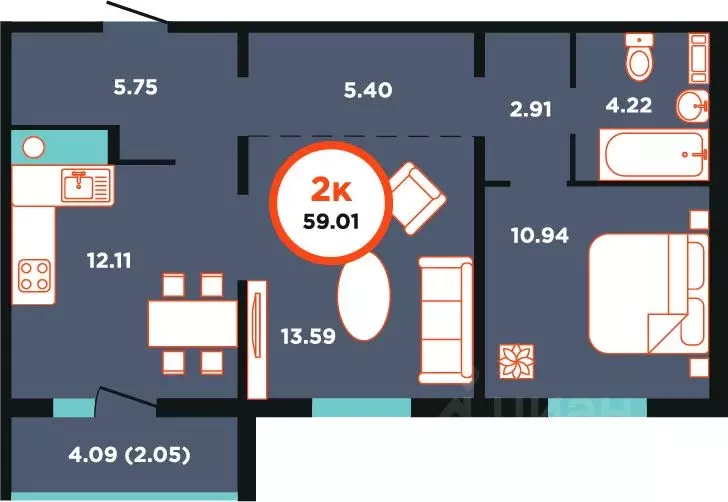 2-к кв. Калининградская область, Калининград Пригородная ул., 11 ... - Фото 1