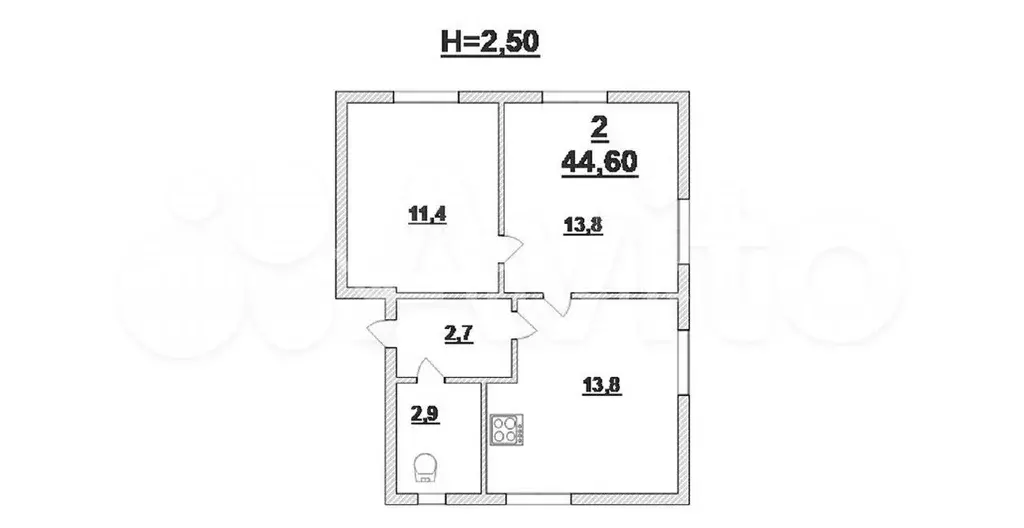 2-к. квартира, 44,6 м, 2/2 эт. - Фото 0