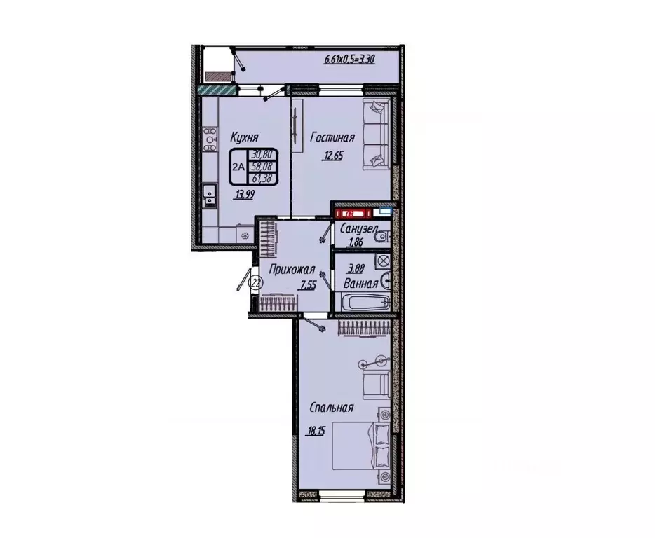 2-к кв. Краснодарский край, Краснодар 9-й километр мкр,  (61.38 м) - Фото 1