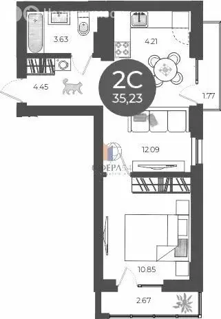 Квартира-студия: Новосибирск, улица Ясный Берег, 30/2 (35.23 м) - Фото 0