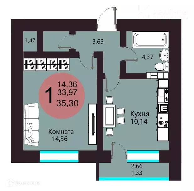 Продаётся 1-к квартира, 35.3 м - Фото 1