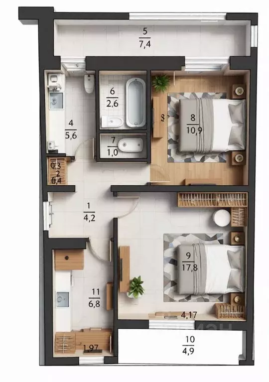 2-к кв. Севастополь просп. Октябрьской Революции, 23к1 (62.0 м) - Фото 1